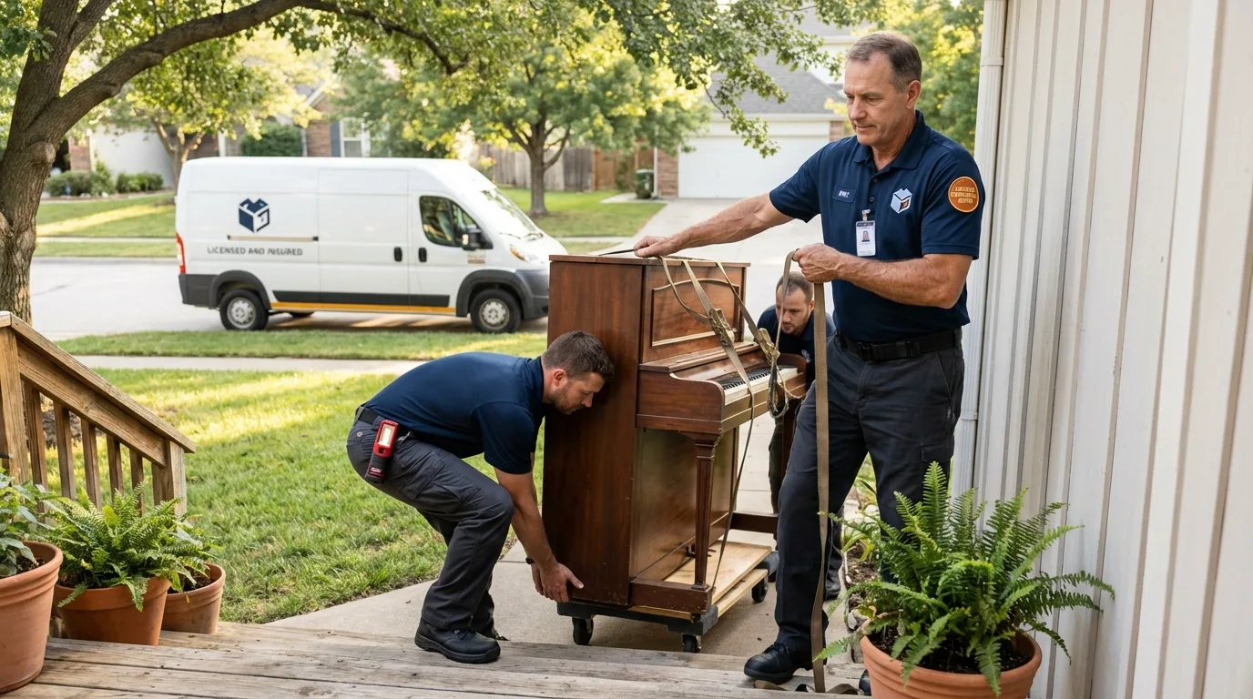 Licensed piano movers securing grand piano in Ringgold, GA